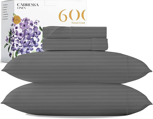 Carressa Linen Luxury Egyptian Cotton California King Stripe Sheet Set, 600 Thread Count Extra Long Staple 4 PC Set, Cal King Stripe Sheets, Soft, Cooling Striped Sheets 16 in Deep Pocket - Dark Grey