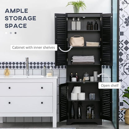 HOMCOM Tall Narrow Bathroom Storage Cabinet with Doors and Shelf Adjustability, Freestanding Linen Cabinet with 2 Cabinets and Countertop, Black