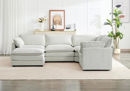 ROWHY 113'' Modular Sectional Cloud Corner Couch, 5 Seater L Shape Sofa Big Comfy Corduroy Oversized Couch with 2 Pillows Movable Ottoman, Deep Seat Sectional Couches for Living Room Office Light Grey