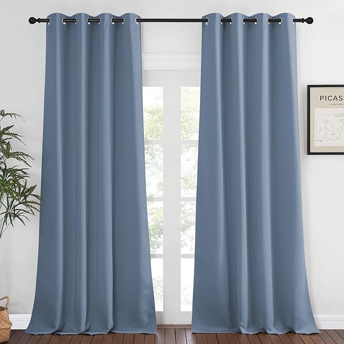 NICETOWN Blackout Stone Blue Curtains for Living Room - Grommet Energy Saving Thermal Drapes Sound Reducing Heat Blocking Window Treatments for Living Room (1 Panel, W52 x L90)