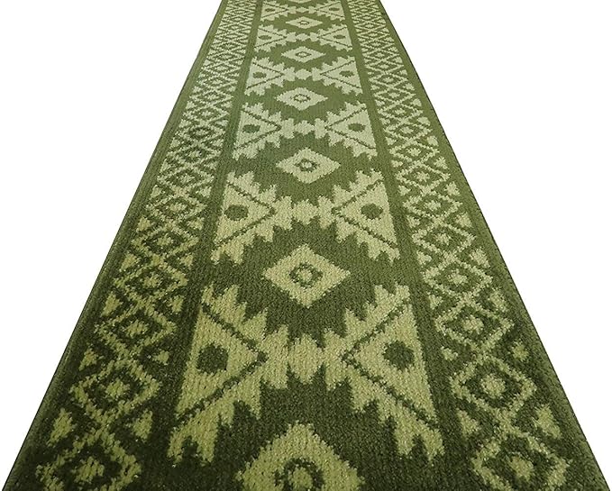 Custom Length Hallway Runner Rug,Slip Resistant,Southwestern Green, 26 Inch X 35 feet, Sold and Priced Per Foot