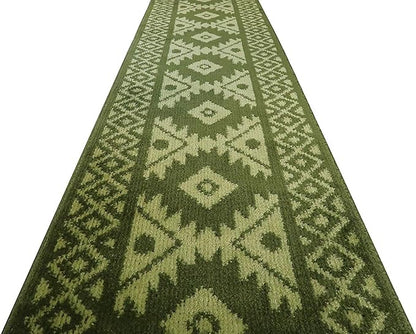 Custom Length Hallway Runner Rug,Slip Resistant,Southwestern Green, 26 Inch X 22 feet, Sold and Priced Per Foot