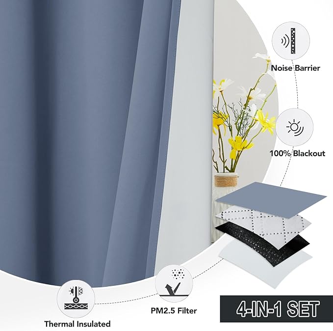 RYB HOME Soundproof & Dust Particle Filtering Curtains 100% Blackout Thermal Insulated Window Treatment Air Filter Drapes for Bedroom Living Room Kids Nursery, Stone Blue, W52 x L63 inch, 2 Panels