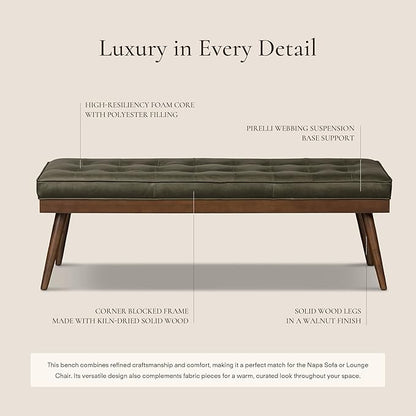 POLY & BARK 55" Tufted Leather Bed Bench for Bedroom End of Bed - Living Room Entry Way Bench - Pure Italian Leather Upholstery with a Solid Wood Frame - Ottoman Bench with Wooden Legs - Olivine Green