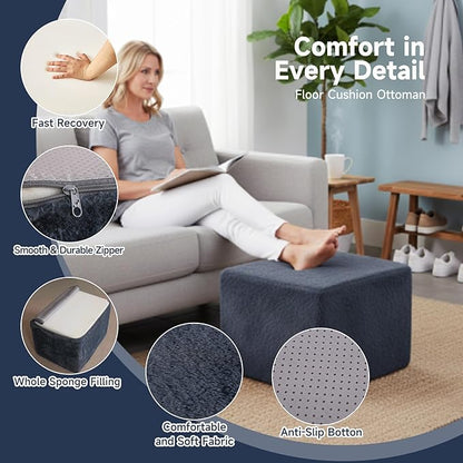 Tiita Stuffed Pouf Ottoman, Square Foot Stool Fluffy Floor Poufs Chair for Living Room Bedroom, Filled Boho Foot Rest for Couch, Blue-Grey