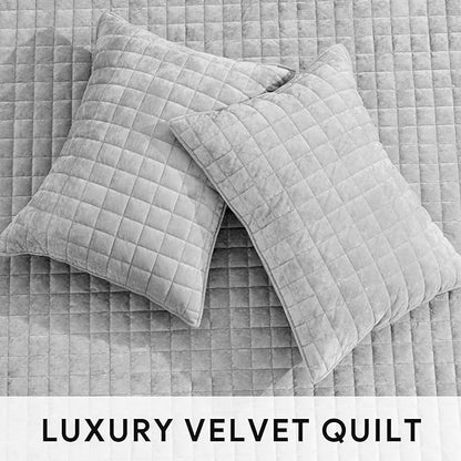 RECYCO Luxury Velvet Quilt Set Full Queen Size Bedding Sets, Ultra Soft Velvet Comforter Set, Lightweight Channel Box Stitch Oversized Bedspread Coverlet for All Season, with 2 Shams, Frost Gray