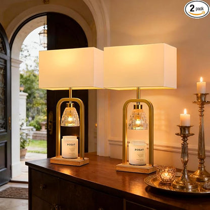PoKat Gold Table Lamps with Candle Warmer & Timer for Bedroom, Mid Century Modern Modern Bedside Lamps Set of 2 for Night Stands, 21.5'' Bedroom Lamps Decor for Living Room Hallway, Bulbs Included