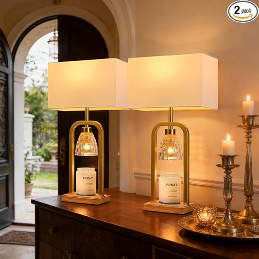 PoKat Gold Table Lamps with Candle Warmer & Timer for Bedroom, Mid Century Modern Modern Bedside Lamps Set of 2 for Night Stands, 21.5'' Bedroom Lamps Decor for Living Room Hallway, Bulbs Included