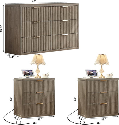 LEYAOYAO 48" Wide Fluted Dresser and 3 Drawers 23" Nightstand Set of 2, Wooden Dresser & Night Stand with Charging Station, 3 Piece Bedroom Furniture Set, Wood Chest of Drawer for Living Room,Grey