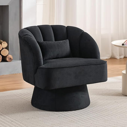 GarveeHome Modern Swivel Barrel Accent Chair, 360 Degree Velvet Upholstered Armchair with Striped Backrest & Plush Padding, Comfy Round Lounge Chair for Living Room, Bedroom, Reading Nook, Black