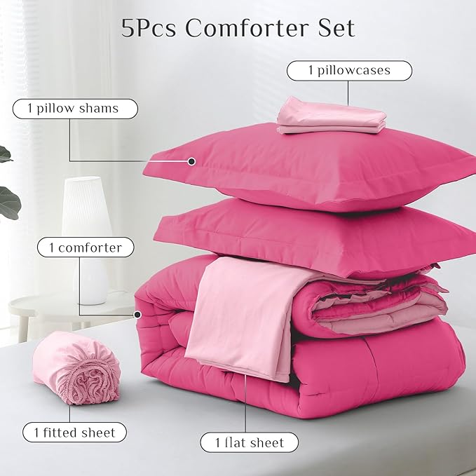 JOLLYVOGUE Twin Comforter Set, Ultra-Soft Bed in a Bag Twin Size 5 Pieces, Oeko-TEX Certified Bedding Set with Down Alternative Comforter, Sheets, Pillowcases & Shams, Hot Pink & Baby Pink