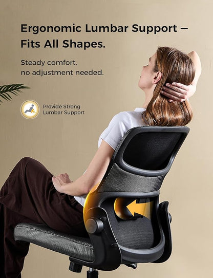 Office Chair, Mesh Ergonomic Desk Chairs, Lumbar Support, Adjustable Height, Armless, Swivel Function and Smooth-Rolling Wheels for Home, Office and Gaming (Black)