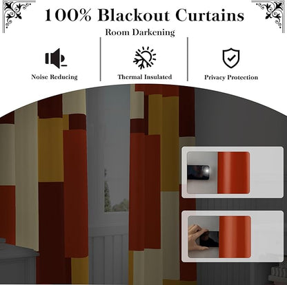 Rust Burnt Orange 100% Blackout Curtains for Bedroom 96 inch Long 2 Panels Set Modern Abstract Geometric Black Out Curtains Insulated Room Darkening Window Drapes for Living Room, 52Wx96L