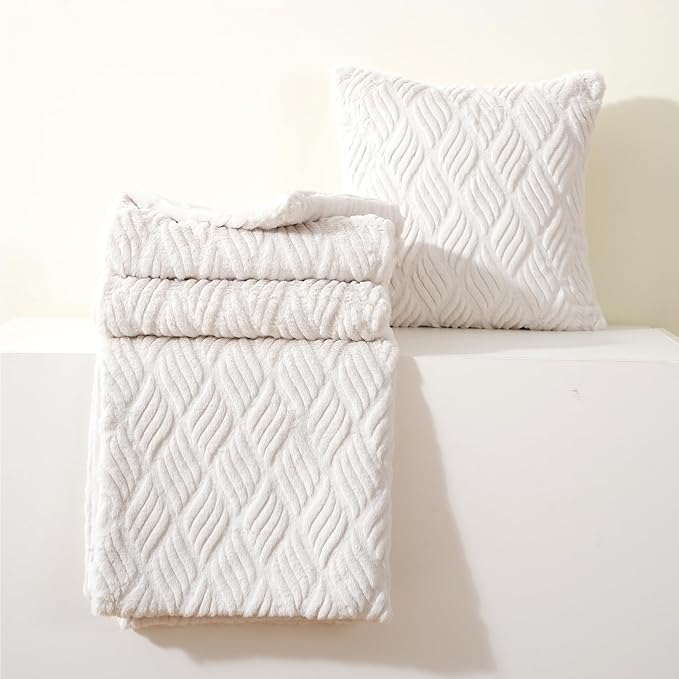 BATTILO HOME White Faux Rabbit Fur Blanket for Bed, Large Cream Faux Fur Throw Blanket 60"x80" with 1 Fur Pillow Cover 18"x18", Comfy Soft Cozy Mink Blanket for Couch