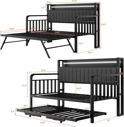 Daybed with Trundle and LED Light, Heavy Duty Metal Twin Bed Frame with Upholstered Storage Headboard & Charging Station, Day Bed Pop Up Trundle Bed Twin for Living Room,Bedroom and Guest Room, Black
