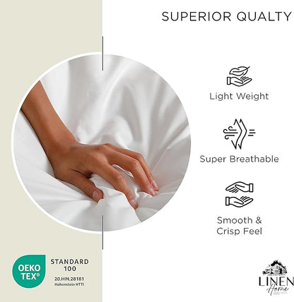 Linen Home 100% Cotton Percale Sheets Queen Size, Cream, Deep Pocket, 4 Pieces Set - 1 Flat, 1 Deep Pocket Fitted Sheet and 2 Pillowcases, Crisp Cool and Strong Bed Linen