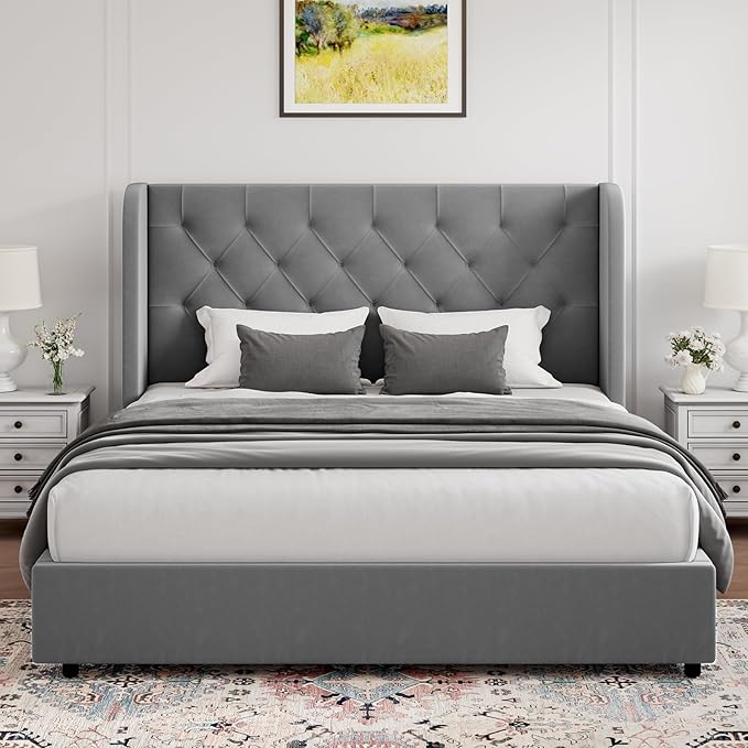 HOMBCK Grey Queen Bed Frame, Velvet Upholstered Platform Bed Frame with Headboard, Curved Wingback Design, Wooden Slats, No Box Spring, Noise Free, Easy Assembly