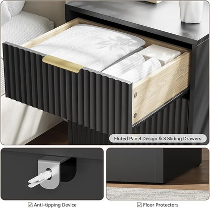 9 Drawer Black Dresser & Nightstand Set 3-Piece - 63” Long Fluted Dresser Set Night Stand Set of 2 with Metal Handle, Modern Wood Chest of Drawers Storage Dressers Set for Bedroom, Black