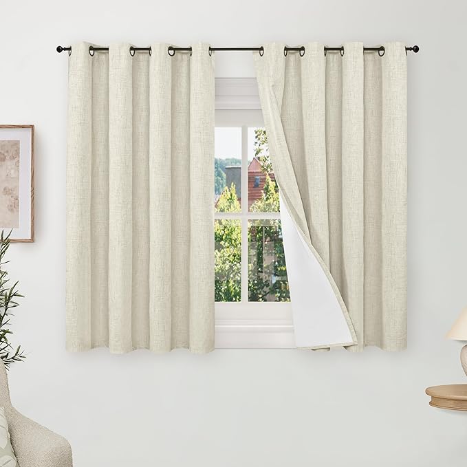 Blackout Curtains 54 Inch Length 2 Panels for Bedroom, Thermal Insulated Total Light Blocking Noise Reducing Linen Window Curtains for Farmhouse, Bronze Grommet, Natural, Each 52" Wide