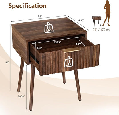 VINGLI Fluted Nightstand with Drawer, 19" W Mid Century Modern Nightstand for Bedroom, Bedside Table, End Tables Bedroom, Wood Night Stand, Walnut, 18.9" W*14.96" D*24" H