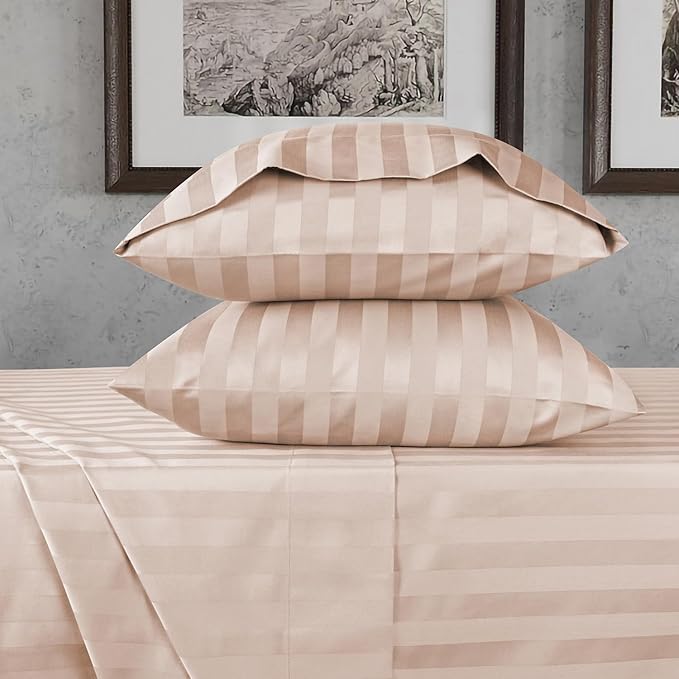 URBANHUT 800 Thread Count 100% Cotton Damask King Size Sheets, 4 Piece Striped King Size Bedsheets, Luxury Hotel Sheets Sateen Weave - Better Than Egyptian, 16" Elasticized Deep Pocket- Blush Pink