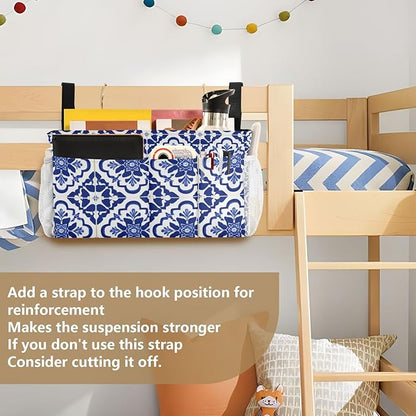 Bedside Caddy Hanging Bunk Bed Caddy Bed Organizer Hanging Pocket with 2 Hooks Bedside Storage Organizer Pocket Bag Holder Floral Blue and White Geometric