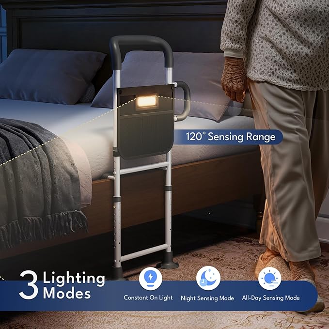 HOMEAL Bed Rails for Elderly Adults Safety, ASTM Approved Adjustable Bedside Assist Rail for Seniors with Sensor Light, Non-Slip Ergonomic Handle & Support Bar, 350lb Tested, Fixing Strap (Grey)