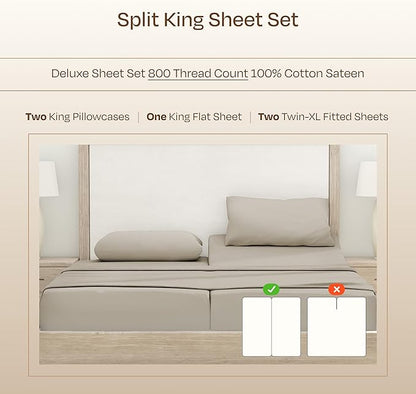 California Design Den Split King Sheet Set - Luxury 800 Thread Count, 100% Cotton Sateen, Bedding Set with Deep Pockets Sheets - Beige