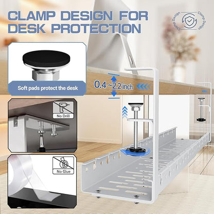 Shikha Under Desk Cable Tray, 15.7"-30.7" Retractable Under Desk Cable Management, No Drilling Cord Organizer with Clamp, Wire Management for Home Office -White