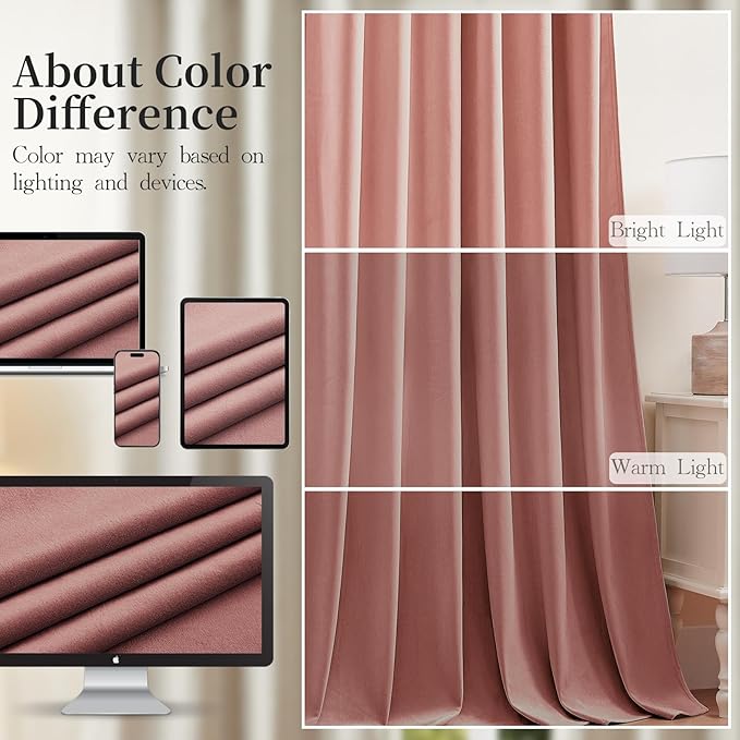 Dusty Rose Pink Velvet Curtains for Girls Bedroom, Thermal Insulated Room Darkening Velvet Curtain 84 Inches Long Luxury Window Drapes for Living Room, Back Tab Rod Pocket, W52 x L84, 2 Panels
