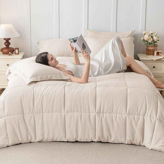 JOLLYVOGUE Twin Comforter Set, Ultra-Soft Bed in a Bag Twin Size 5 Pieces, Oeko-TEX Certified Bedding Set with Down Alternative Comforter, Sheets, Pillowcases & Shams, Beige
