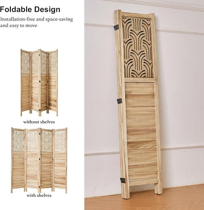 Svimi Folding Room Divider, 66.9 Inch 4 Panels Wood Carved Privacy Screens, Free Assembled Freestanding Portable Separation Wall for Home Office Bedroom (Natural)