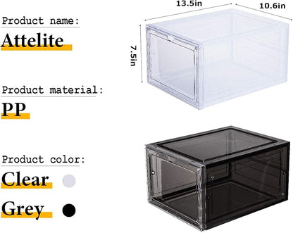 Attelite Shoe Box Organizer,Set of 6,Stackable Plastic Shoe Box with Clear Door, Shoe Storage Box Containers,For Display Sneakers,Easy Assembly,Fit up to US Size 12(13.4”x 10.6”x 7.4”)