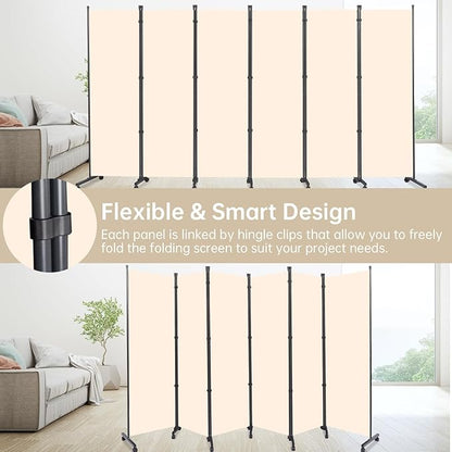 Room Divider Folding Privacy Screens with Wheels, 6FT Tall Divider for Room Separation, Movable Room Partitons and Dividers, Indoor Room Dividers Panel with Fabric (Beige, 6 Panel-132‘’-Wheels)