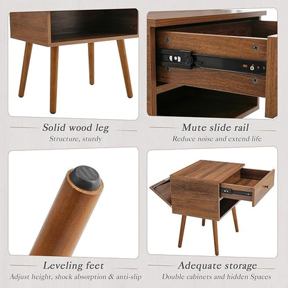 Hidden Compartment Nightstands, Mid Century Modern Concealment Furniture, Bedside Table with Wood Legs, End Table with Storage Drawer for Bedroom (1,Walnut)