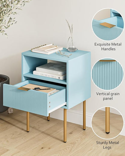 Masupu Night Stand,Mid-Century Modern Bedside Table with Storage Drawer and Open Wood Shelf,Small Gold Frame Side Table for Bedroom,Living Room, Blue