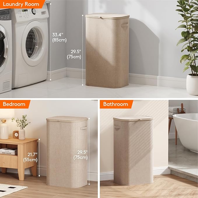 Lifewit 105L Laundry Basket with Lid, Large Laundry Hamper with Plastic Handles and Removable Bag, Foldable Tall Dirty Clothes Hampers for Laundry for Laundry Room, Bedroom, Bathroom, Dorm, Beige
