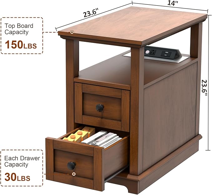 HIFYOBRO 2 Drawers End Table with Flip Top Charging Station, Type-C & USB Port & Power outlets, Wooden Nightstand, Side Table with Storage for Living Room and Bedroom