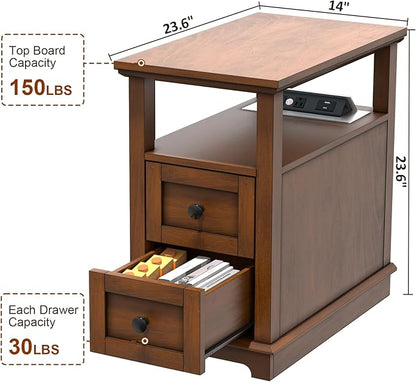 HIFYOBRO 2 Drawers End Table with Flip Top Charging Station, Type-C & USB Port & Power outlets, Wooden Nightstand, Side Table with Storage for Living Room and Bedroom
