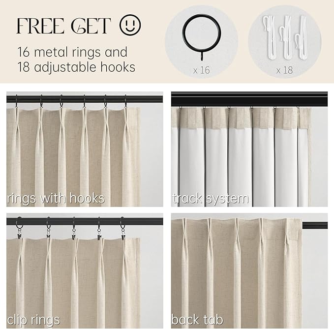 Topfinel 90 Inches Long Full Blackout Cream Farmhouse Linen Curtains for Bedroom, Ivory Pinch Pleated Curtains, Decorative Elegant Farmhouse Lined Drapes 2 Panels Set for Living Room Sliding Door