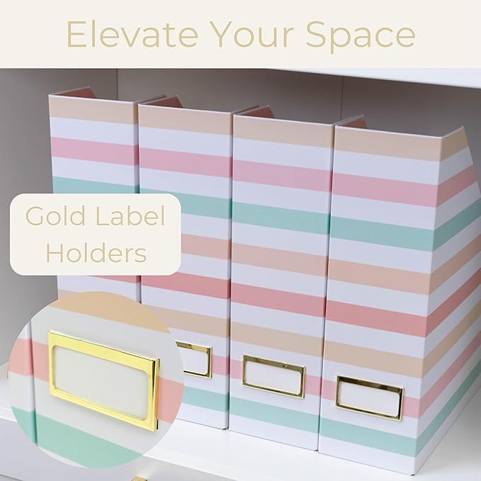 BLU MONACO Set of 4 Foldable Magazine Holders in Pastel Stripes | Cardboard Vertical File Organizer Boxes with Gold Label Holders | Stylish Paper Organizer for Desk, Office & Classroom