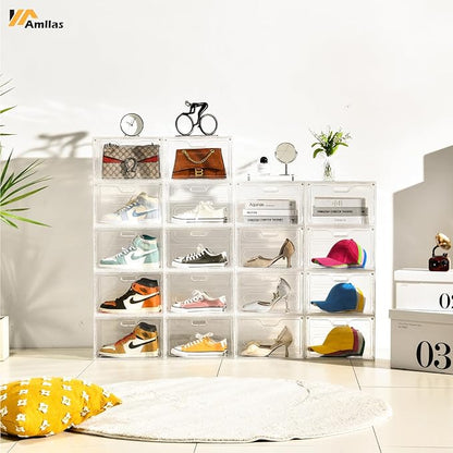 8 Pack Shoe Boxes Clear Plastic Stackable, Large Shoe Storage Organizer with Lids,Drop Side Shoe Containers for Entryway,Sneaker Storage Fit up to US Size 13 (13’’x 10.6”x 8.3”)