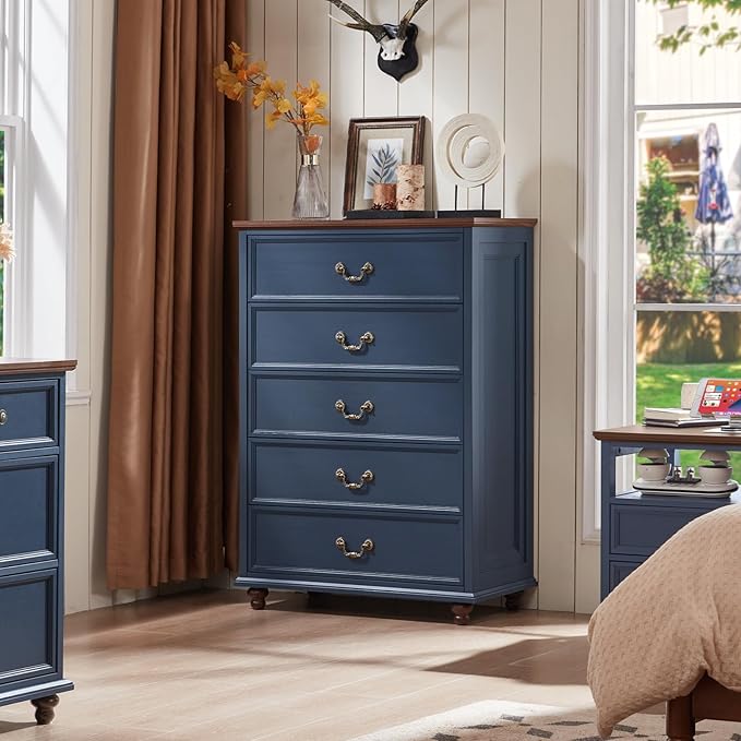 24" Wide Farmhouse Nightstand Set of 2, 45" Tall Rustic Chests of 5 Drawers w/ 4 Solid Wood Feet, Farmhouse Furniture Series for Living Room,Bedroom,DarkBlue
