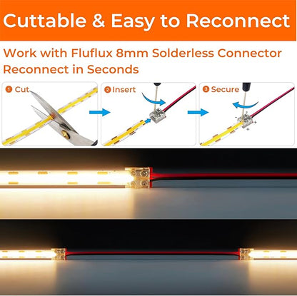 COB LED Strip Lights Cool White 4000K, 24V DC Premium Tape Light with Strong 3M VHB Tape, CRI 95, UL Listed, Cuttable, Dimmable, 3W/FT for Accent, Ambient Lighting (NO Power Supply)