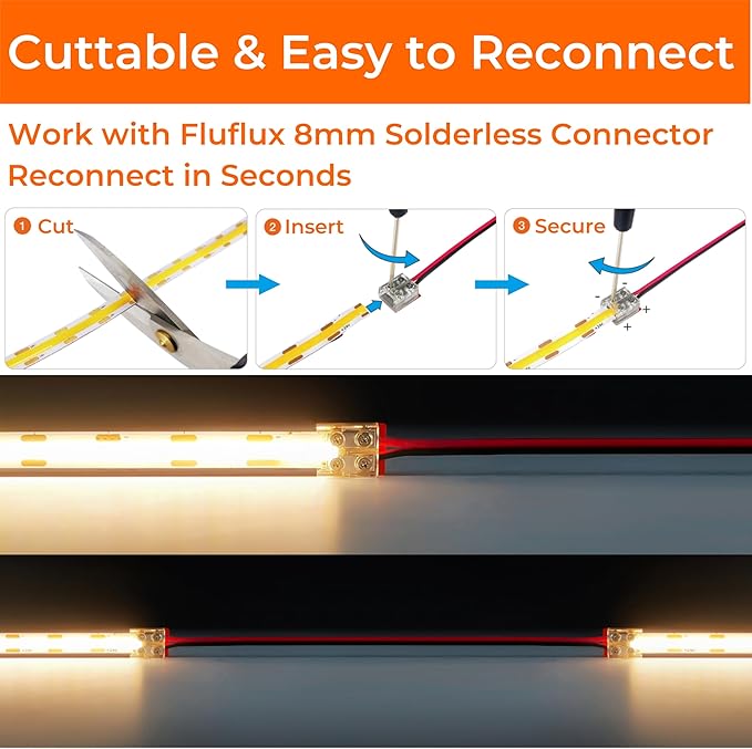 2700K COB LED Strip Lights, 24V DC Premium Flexible Tape Light with Strong 3M VHB Tape, CRI 95, UL Listed, Cuttable, Dimmable, for Hotels, Lobbies, Corridors, Rooms (NO Power Supply)