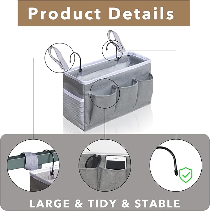 Kanrichu 3-Piece Bedside Caddy Storage Organizer with Pockets for Bedrooms, Loft Beds & Top Bunk Beds (Gray)