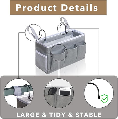 Kanrichu 3-Piece Bedside Caddy Storage Organizer with Pockets for Bedrooms, Loft Beds & Top Bunk Beds (Gray)