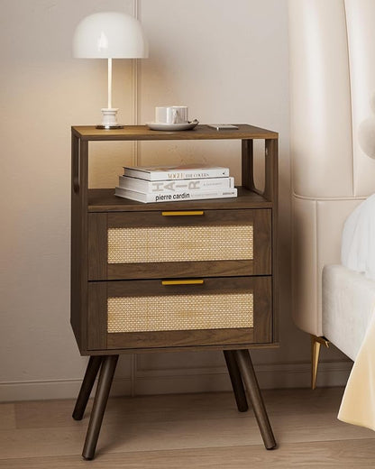 Rattan Nightstand,Farmhouse Bedside Table with 2 Storage Drawer and Open Wood Shelf, for Bedroom and Small Spaces,Night Stand with Solid Wood Legs (Walnut Brown)
