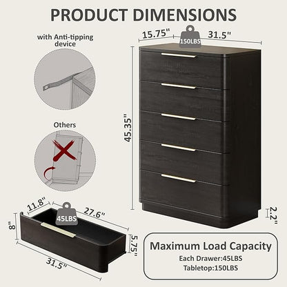 5 Drawer Dresser for Bedroom, 45" Tall Modern Chest of Drawers with Metal Handle, Curved Profile Design, Wooden Closet with Large Drawers Dressers Organizer for Entryway Hallway