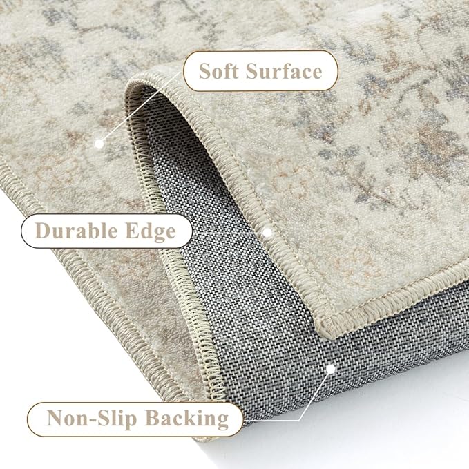 2x3 Taupe Entryway Area Rug Machine Washable Door Mat Kitchen Vintage Distressed Non Slip Carpet Indoor Retro Floral Accent Throw Small Rug for Bathroom Office Bedroom Living Dining Room